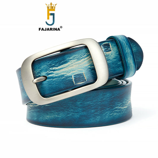 2.8cm Wide Pure Cowhide Leather Blue Belt for Women NO.90412